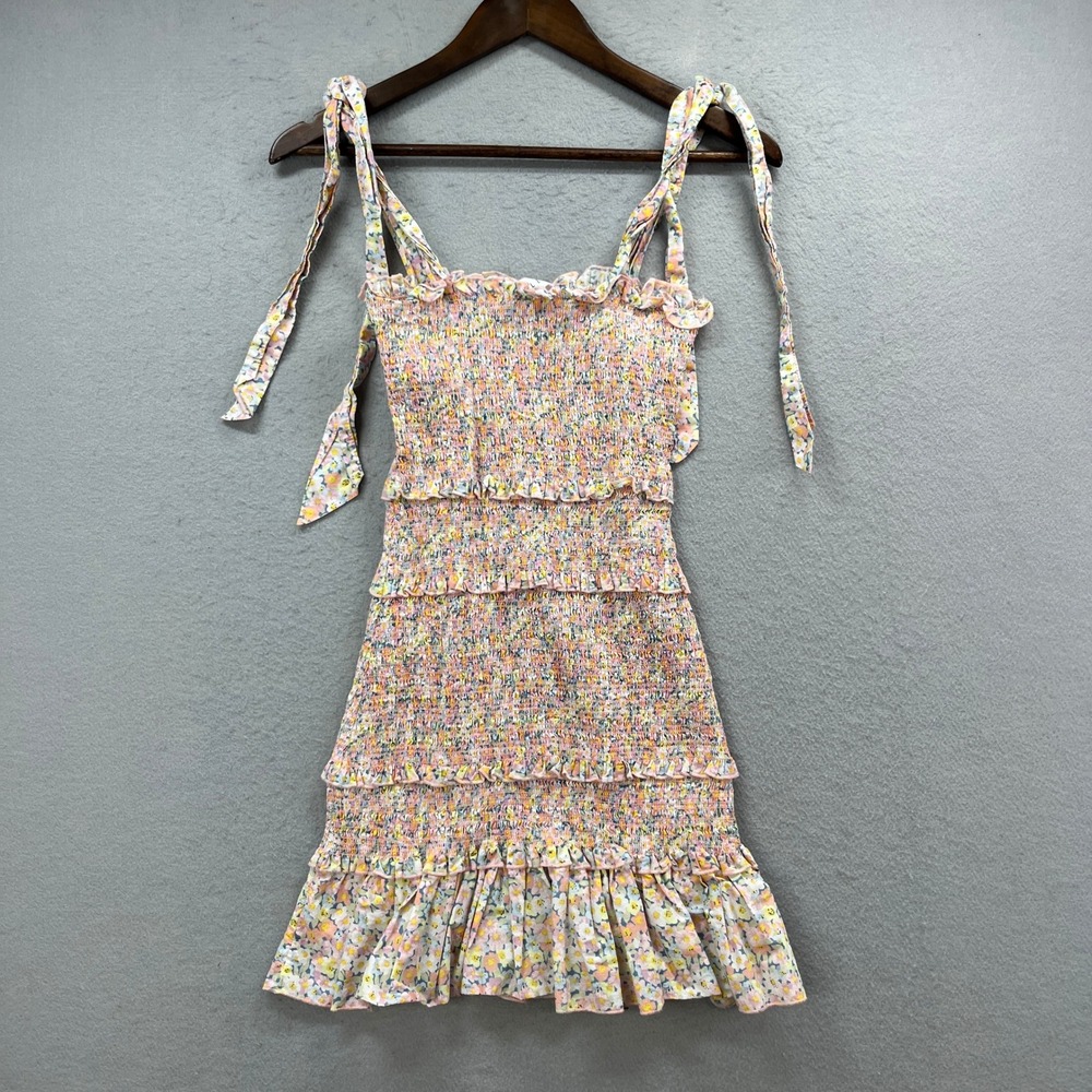 Mable Mini Dress Womens S Pastel Floral Smocked‎ Tie Strap Tiered Cottagecore